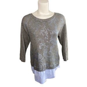 CHICOS Gray Blue Layered Look Fleur De Lis Cotton Sweater sz 1 Medium 8